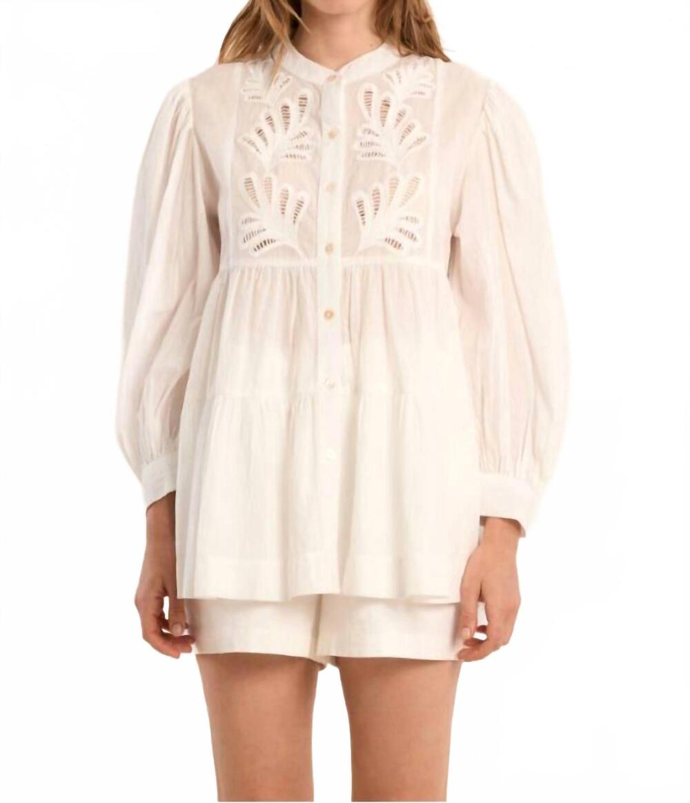 NEW MOLLY BRACKEN long cotton laser cut tunic blouse in off white